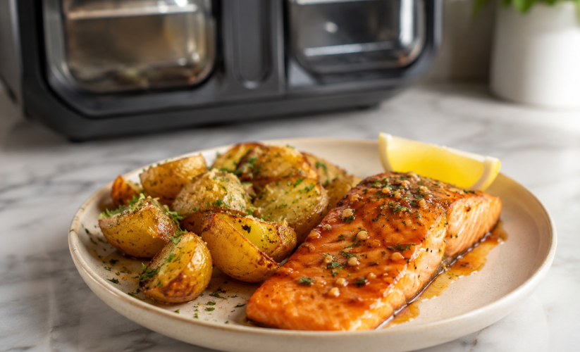 Honey Garlic Salmon with Crispy Parmesan Potatoes