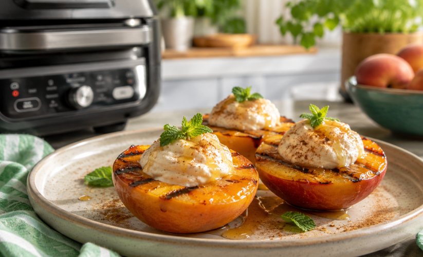 Ninja Foodi Grilled Peaches with Cinnamon Mascarpone